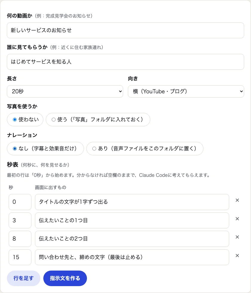 動画のテーマ、見てもらう人、長さ、向き、写真の有無、ナレーション、秒表を入力する欄が並ぶキットの画面