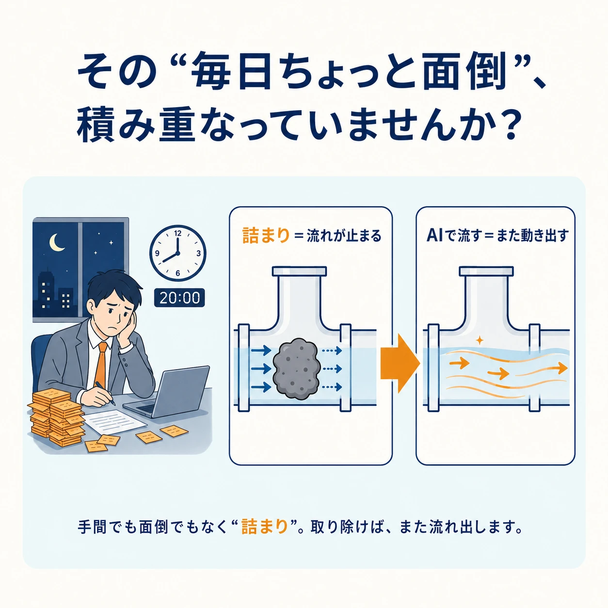 その“毎日ちょっと面倒”、積み重なっていませんか？夜の事務所で仕事が残る場面。詰まり＝流れが止まる → AIで流す＝また動き出す。手間でも面倒でもなく“詰まり”。取り除けば、また流れ出します。