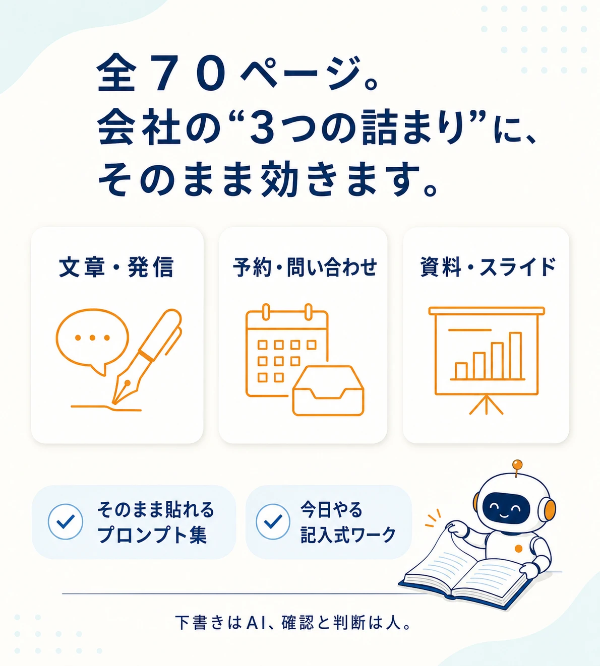 全70ページ。会社の“3つの詰まり”に、そのまま効きます。①文章・発信 ②予約・問い合わせ ③資料・スライド。そのまま貼れるプロンプト集、今日やる記入式ワーク。下書きはAI、確認と判断は人。