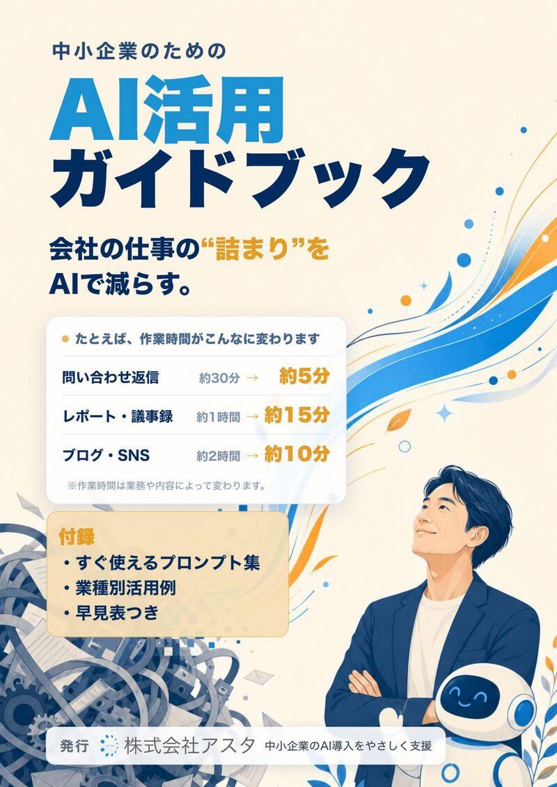 AI活用ガイドブックの表紙。会社の仕事の“詰まり”をAIで減らす。問い合わせ返信 約30分→約5分など。