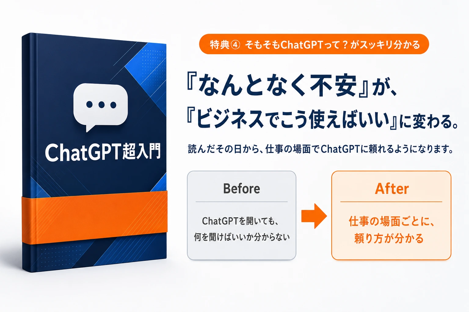 特典④ ChatGPT超入門ガイド:ビジネスで活用する方法。「なんとなく不安」が「ビジネスでこう使えばいい」に変わる。BEFORE ChatGPTを開いても何を聞けばいいか分からない → AFTER 仕事の場面ごとに頼り方が分かる。