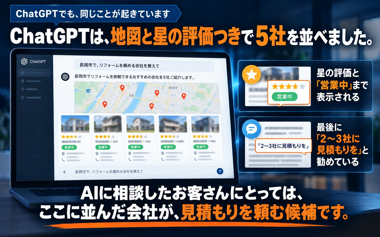 ChatGPTは、地図と星の評価つきで5社を並べました。星の評価と「営業中」まで表示され、最後に「2〜3社に見積もりを」と勧めている。AIに相談したお客さんにとっては、ここに並んだ会社が、見積もりを頼む候補です。