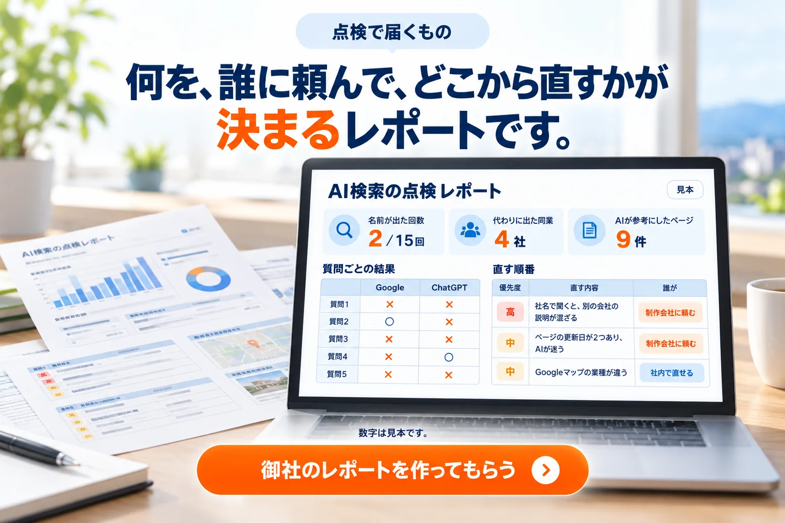 点検で届くもの。何を、誰に頼んで、どこから直すかが決まるレポートです。名前が出た回数、代わりに出た同業、AIが参考にしたページ、質問ごとの結果、直す順番をまとめます（画面の数字は見本）。