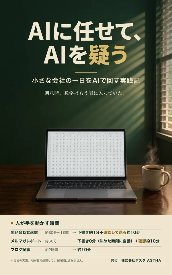 『AIに任せて、AIを疑う ―― 小さな会社の一日をAIで回す実践記』の表紙。深緑の壁の部屋で、机の上のノートパソコンに数字の表が開いている