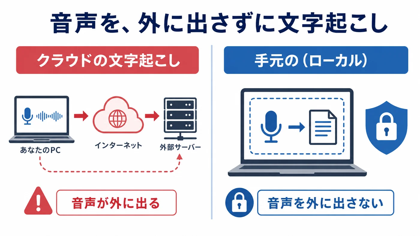 クラウドの文字起こしは音声を外部に送るが、ローカルのWhisperは手元だけで完結することを示す比較図
